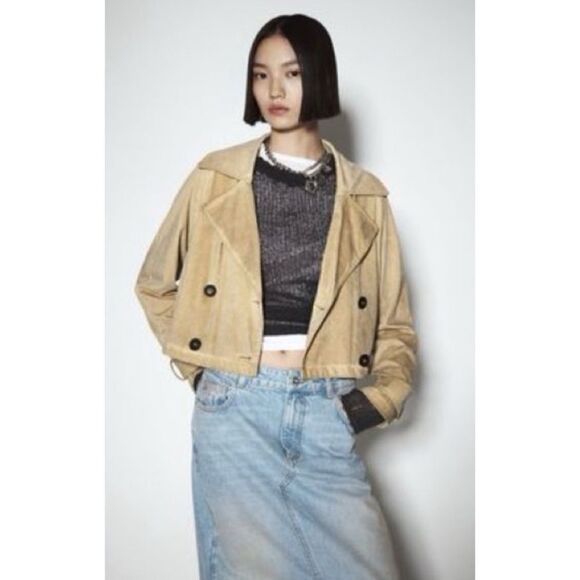 NWT Zara Garment Dye Faux Suede Short Double Breasted Cropped Trench Style Coat - Picture 4 of 16